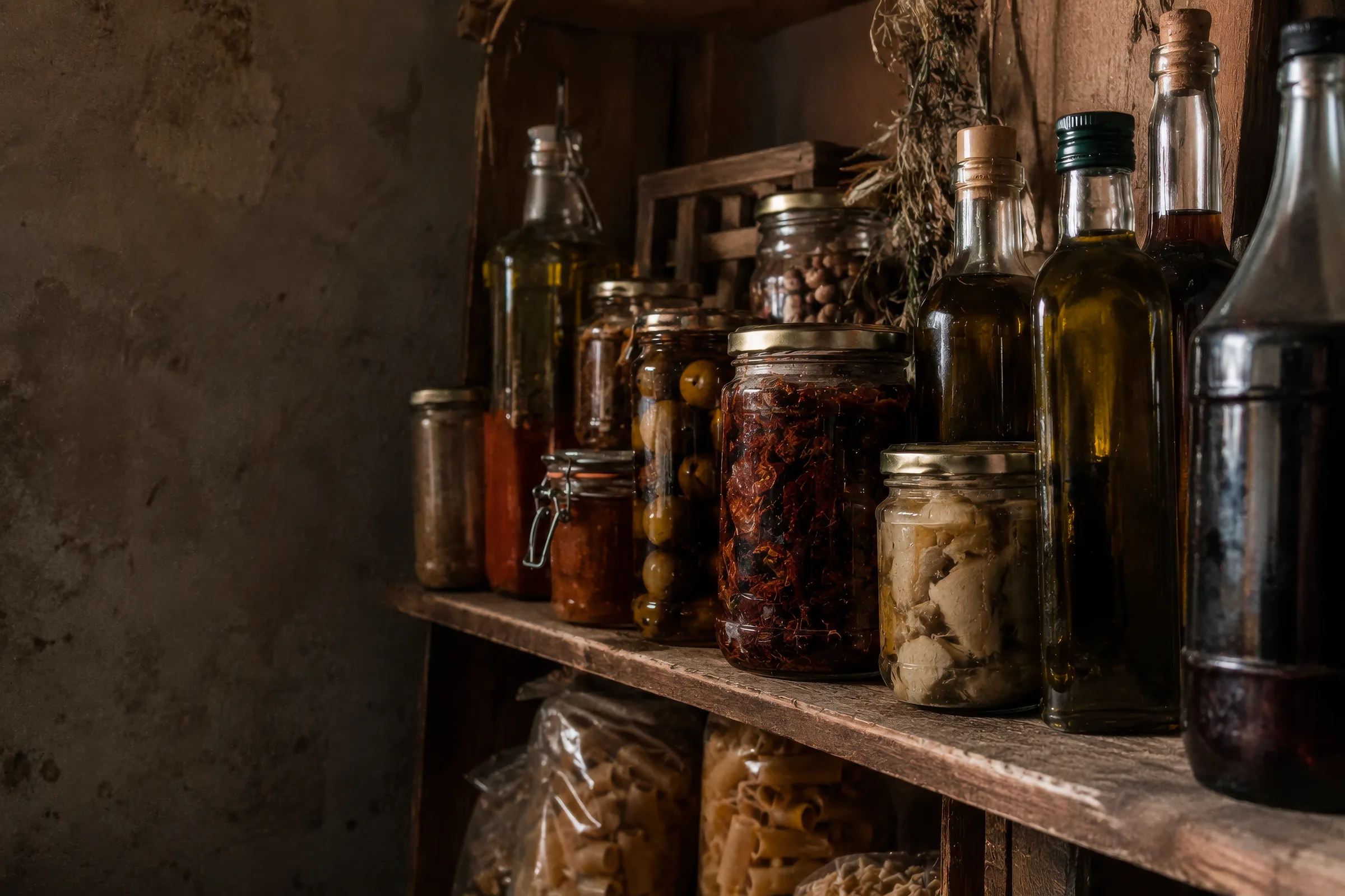 Despensa de almacén con aceites, conservas y pastas en Carvan