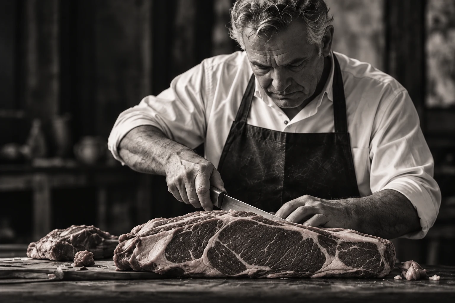Carnicero cortando una pieza de carne sobre la mesa